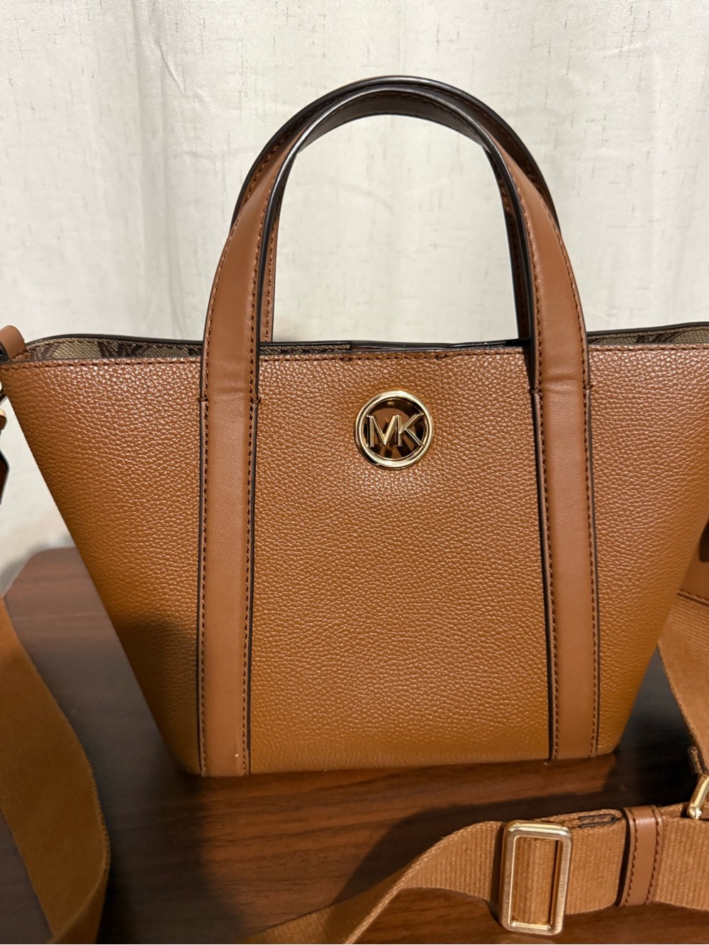 Michael Kors Brown Pebbled Leather Tote with Gold MK Accent